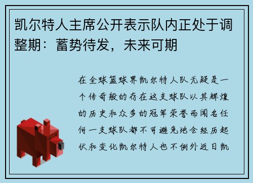 凯尔特人主席公开表示队内正处于调整期：蓄势待发，未来可期